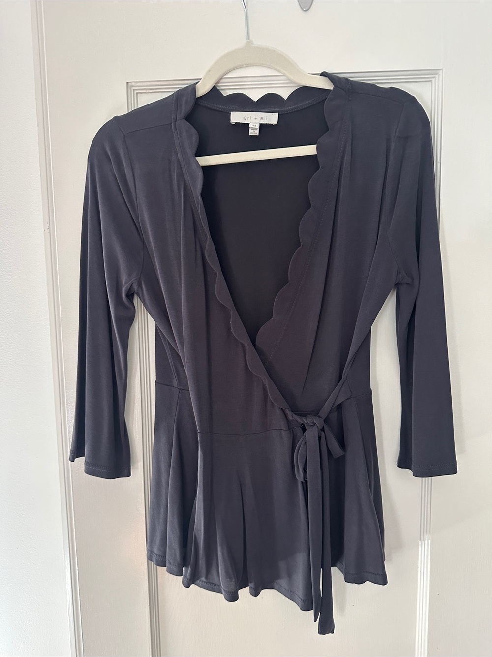 Eri & Ali gray scallop-edge wrap top